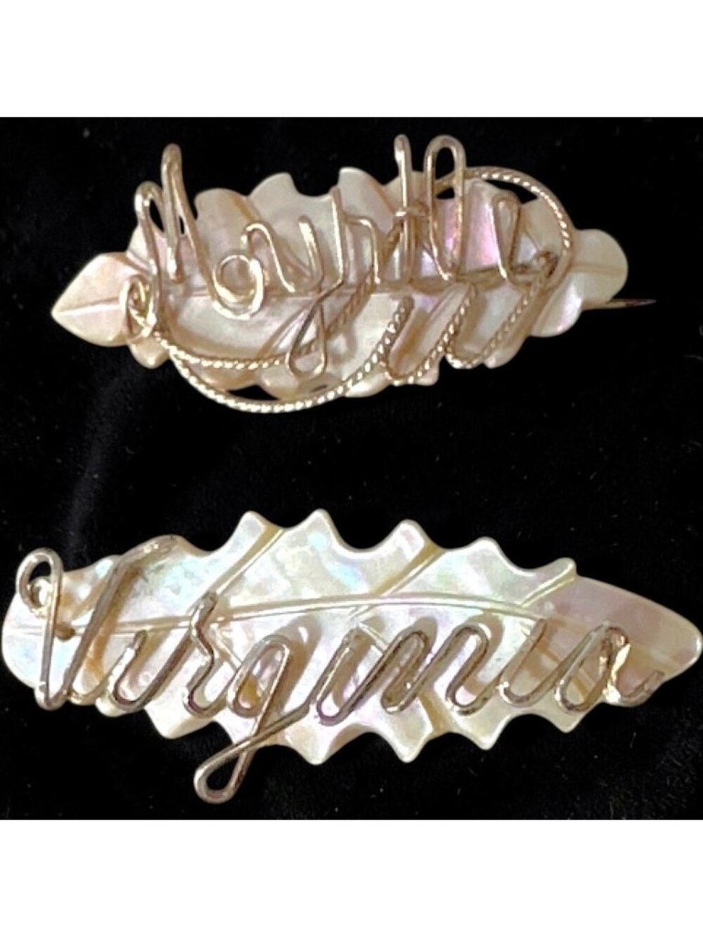 Two Vintage MOP Gold Tone NAME Brooch Pins Myrtle Virginia